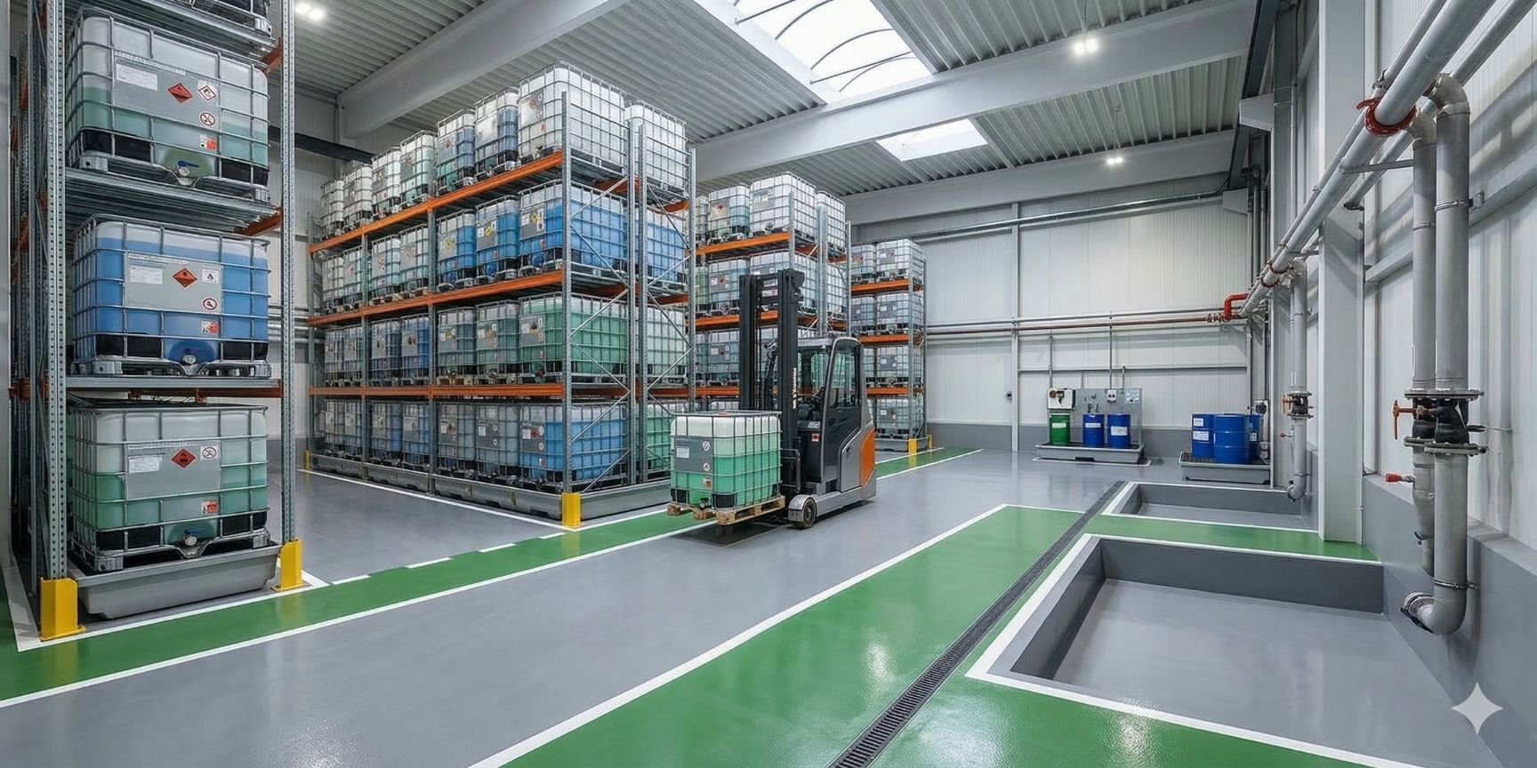 Modern logistics hall for liquid storage with IBC containers in high racks and WHG-compliant industrial flooring, including safety markings and drainage.